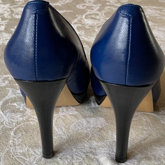 NINE WEST Blue Leather Pink Peep Toe Heels, Sz 7 - Picture 10 of 10